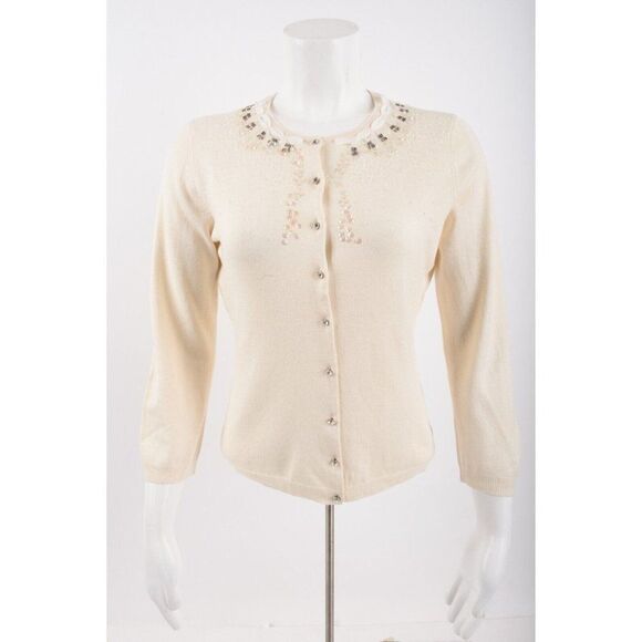 Express Womens Cardigan Sweater L Ivory Beaded Sequin silk Cashmere Vintage Y2K - Picture 1 of 6